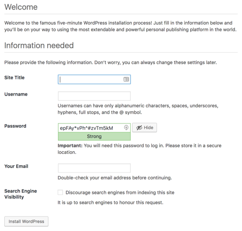 Setting up your log in details in WordPress