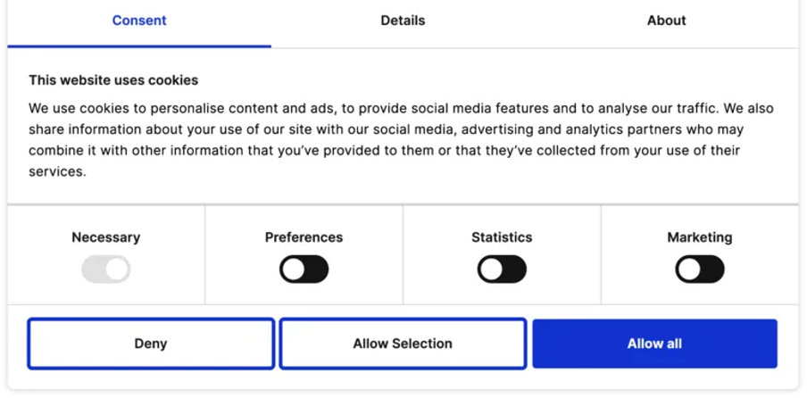 Screenshot of a cookie consent popup showing options available to a website visitor